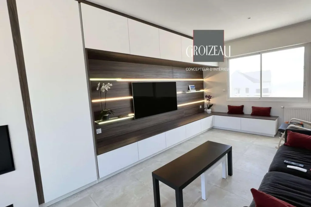 Meuble tv blanc et bois sur-mesure
