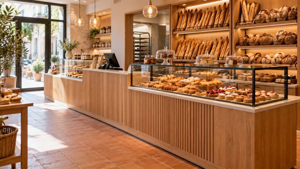 Comptoir de boulangerie en bois avec vitrine de pâtisseries et étagères murales à pain