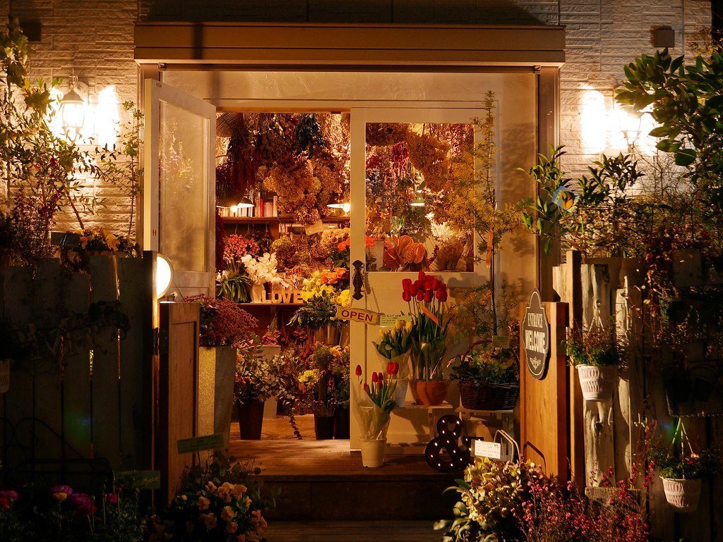 Entrée éclairée d'une boutique de fleuriste avec étagères en bois, fleurs séchées suspendues et bouquets