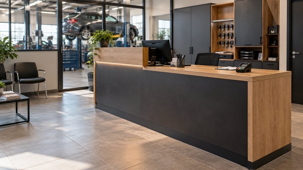 Accueil client d'un garage avec banque en chêne et stratifié sombre, armoire à clés murale et vue vitrée sur l'atelier