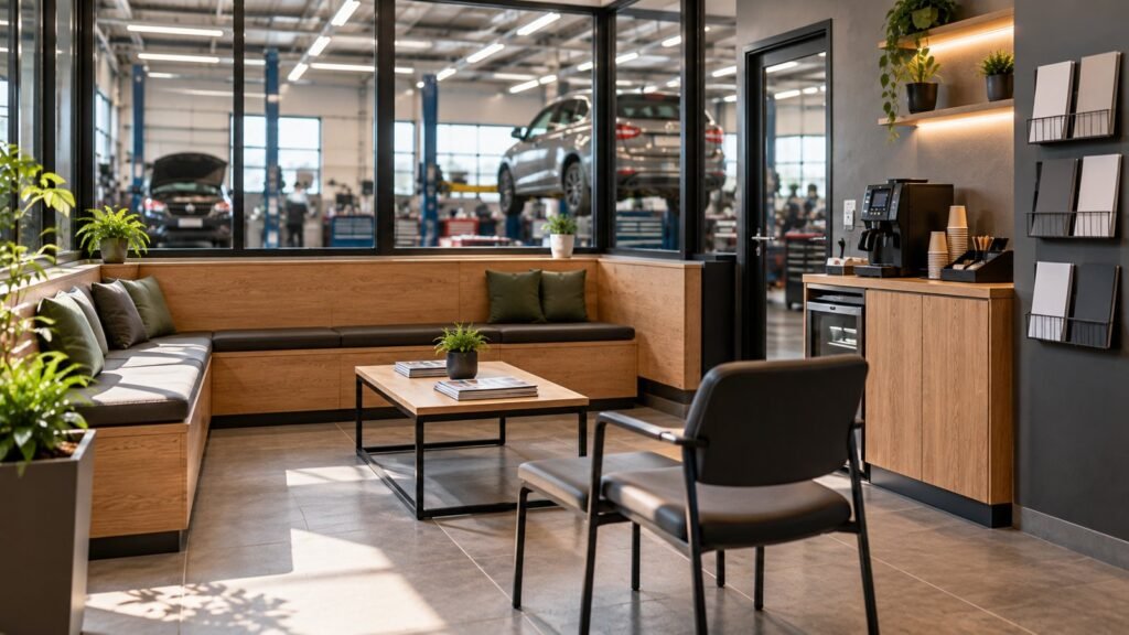 Espace d'attente client d'un garage avec banquette en bois intégrée, table basse et coin café, atelier visible derrière une vitre