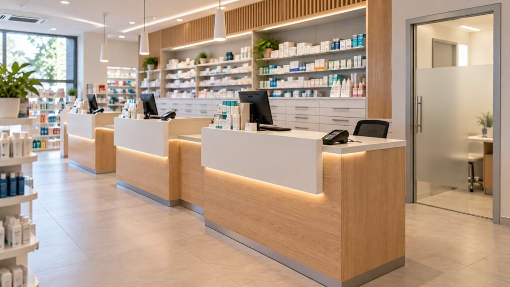 Comptoirs de dispensation individuels en bois clair et blanc devant des tiroirs et étagères, local de confidentialité vitré sur le côté
