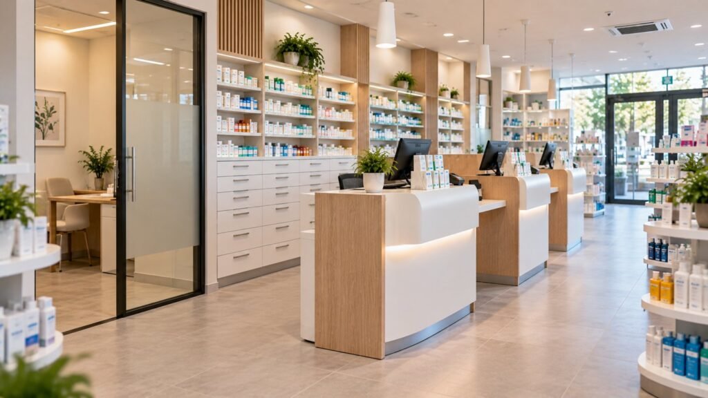 Local de confidentialité à porte vitrée dépolie dans une pharmacie, à côté des postes de dispensation