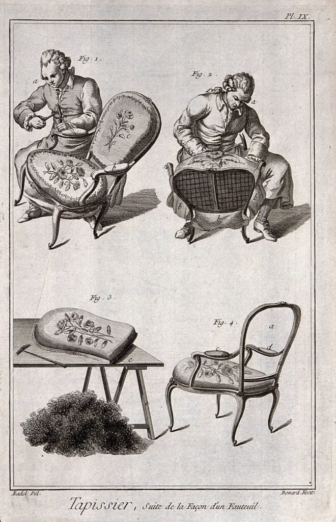 Gravure du XVIIIe siècle montrant un tapissier garnissant un fauteuil cabriolet, le dos d'un fauteuil sanglé, un coussin sur tréteaux, un tas de crin et un fauteuil terminé